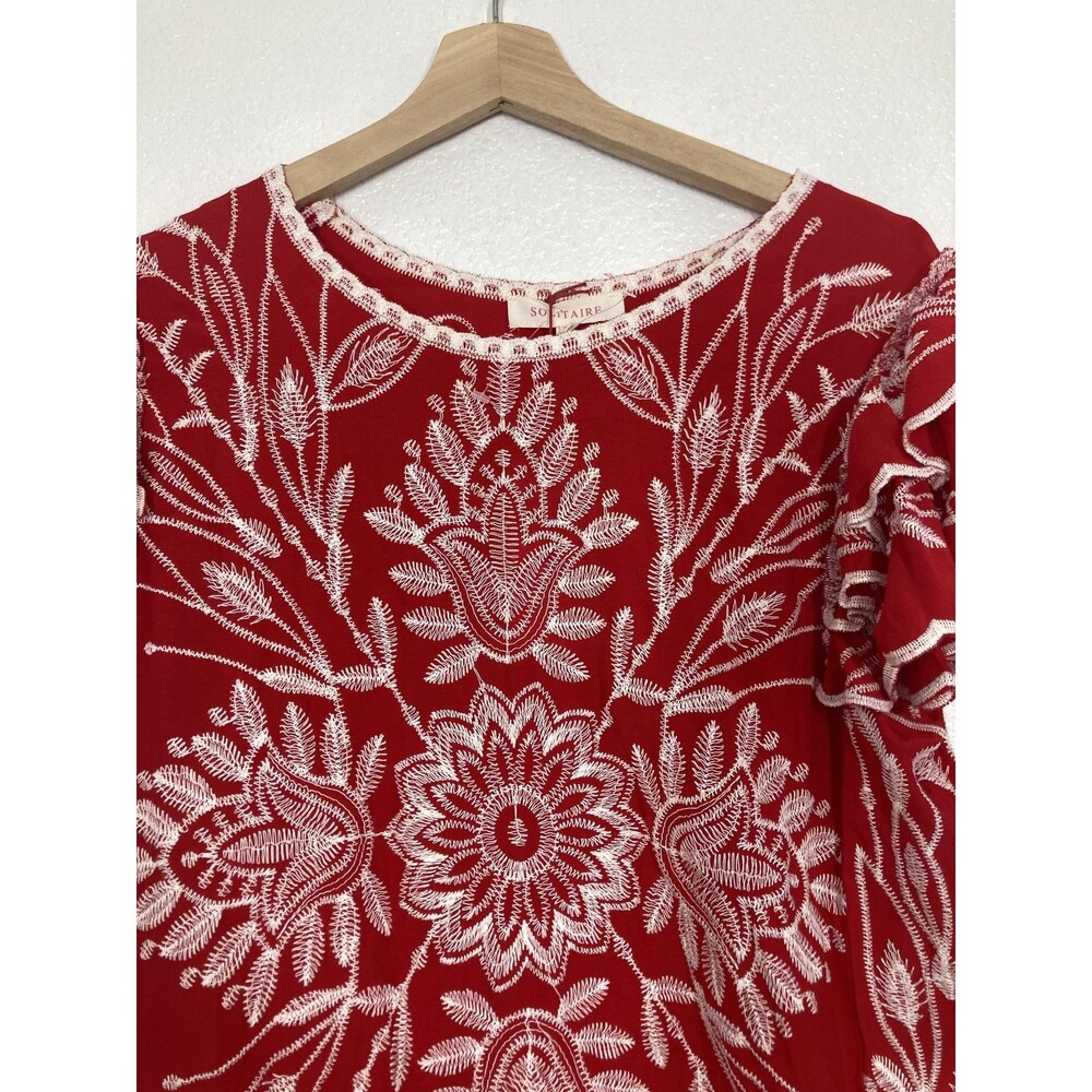 Solitaire Blouse Womens Medium Red Floral Embroidered Ruffle Flutter Top Boho - Picture 4 of 16